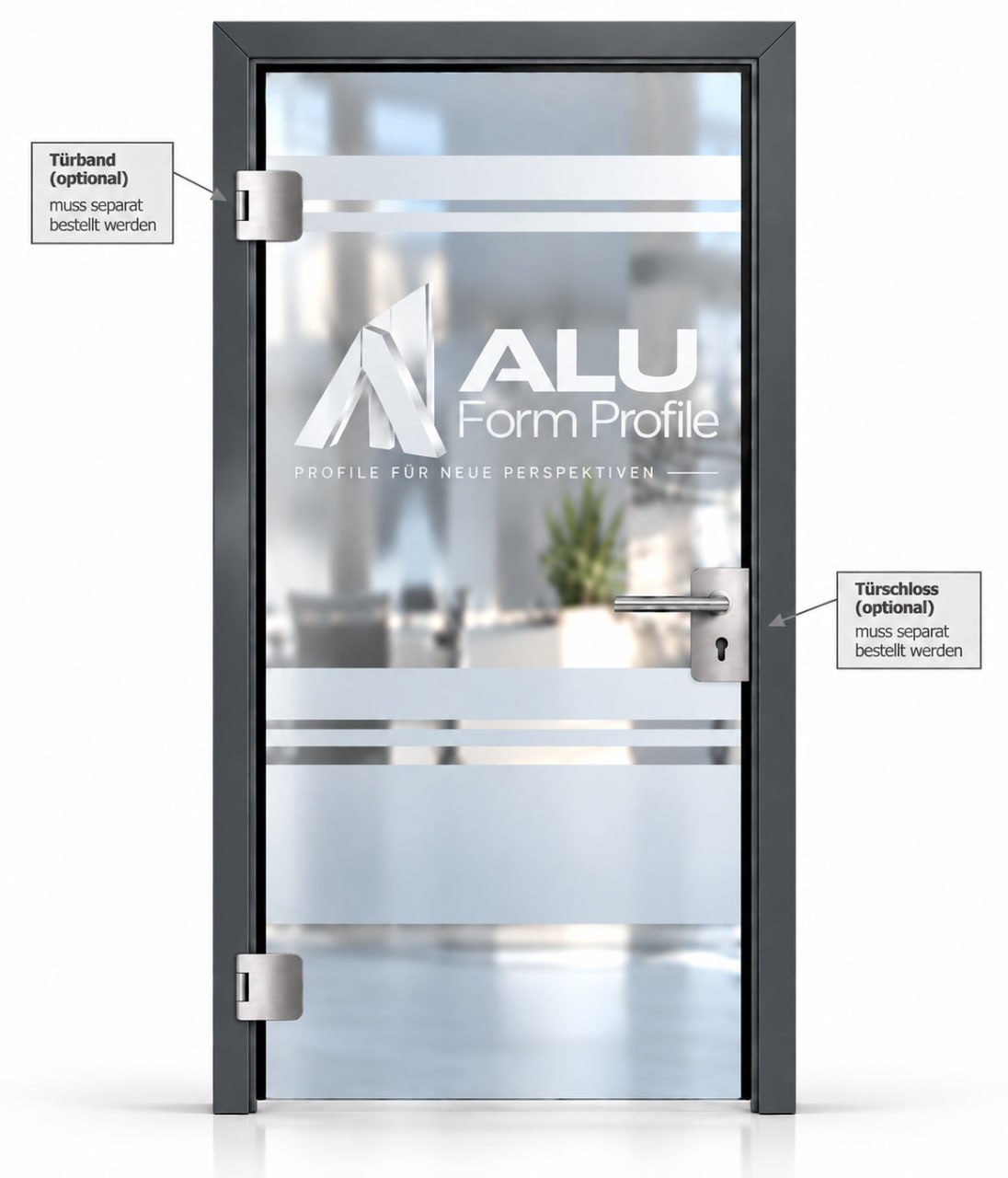 Aluminium-Türzarge mit Ganzglastür und abgestimmten Komponenten