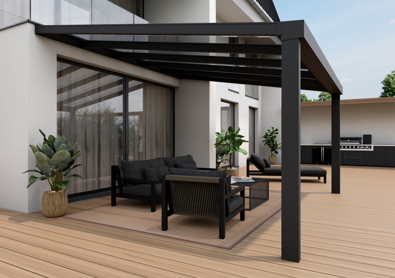 Anthrazitfarbenes Terrassendach VISION an einem modernen Wohnhaus